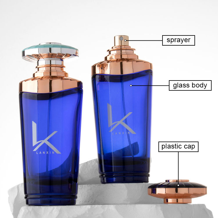 glass bottle neck finish and sprayer closure fit inspection on a cobalt blue perfume bottle