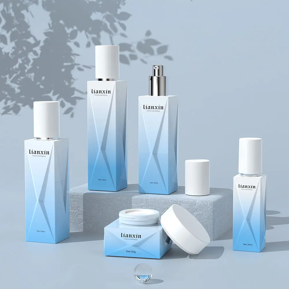 Luxury Square Glass Cosmetic Bottle & Cream Jar Set 40ml 100ml 120ml 50g