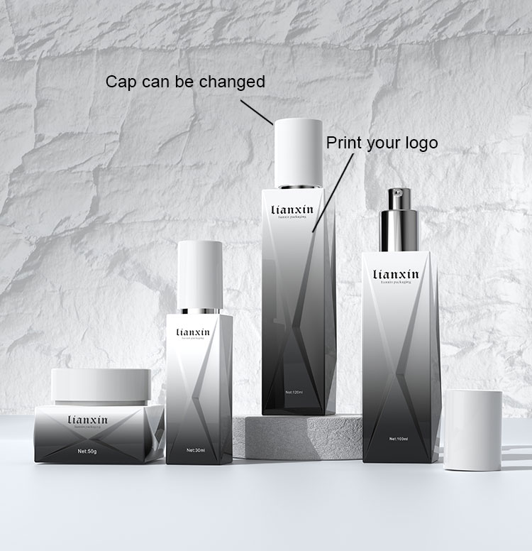 Luxury black gradient glass cosmetic bottle and cream jar set 40ml 100ml 120ml 50g details