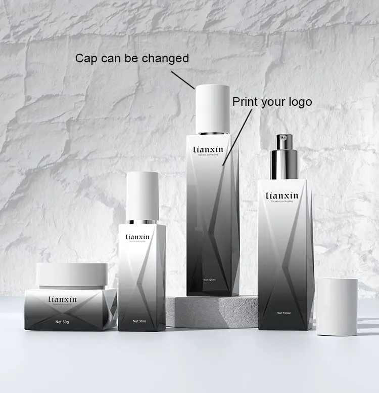 Luxury black gradient glass cosmetic bottle and cream jar set 40ml 100ml 120ml 50g details