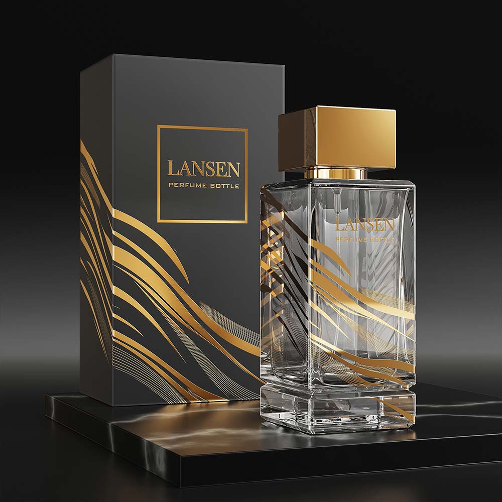 luxury black and gold perfume bottle with gift box, a premium glass bottle packaging trend for 2026