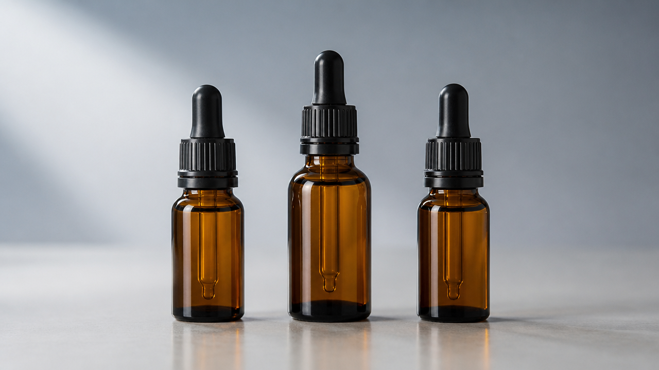 amber glass dropper bottle with black dropper cap for light-sensitive beard oil and botanical blends